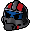A stylized armored helmet with a blue visor and red stripe resting its chin on a hand in a thinking pose.