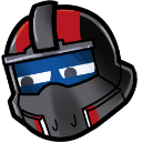 An armored helmet with a red and black design looking sideways with a suspicious expression.