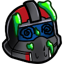 A futuristic helmet with swirling eyes covered in dripping green slime.