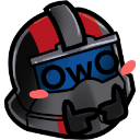 A tactical helmet with a blue visor displaying an OwO face, blushing with pink cheeks and tapping its fingers together.