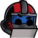 A soldier wearing a red and black helmet with a blue visor looks down at a paper while writing.