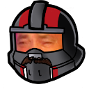 A man with a mustache laughing, superimposed inside the visor of a red and black tactical helmet.