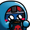 A blue helmeted character with a blushing face holding a black mug.