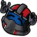 An armored helmet with a blue visor throwing its hands up in a gesture of frustration.