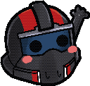A black and red armored helmet with a blue visor waves its hand while blushing.