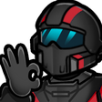 A soldier wearing a dark helmet and armor makes an OK hand gesture with a glowing blue visor.
