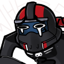 A character wearing a black and red helmet with blue visor accents crying tears of laughter.