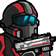 A soldier in black and red armor fires a futuristic rifle with a yellow muzzle flash.