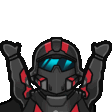A soldier in black and red futuristic armor throws hands up in celebration while red confetti falls.