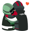 Two figures in tactical combat gear sharing a warm hug.