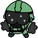 A small chibi soldier wearing a green helmet and a dark visor with a cute, wide-eyed expression.