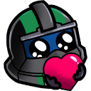 An armored soldier with a green and black helmet holding a pink heart with a cute expression.