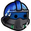 A blue and gray tactical helmet with a visor and multiple sweat drops indicating nervousness.