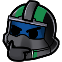 A gray and green armored helmet character with a blue visor resting a hand on its chin in a thinking pose.