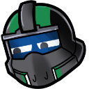 Armored helmet with a blue visor and narrowed eyes looking to the side with a suspicious expression.