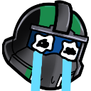 A helmet character with a green stripe and blue visor crying with large, cartoonish tears streaming down.