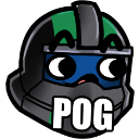 A stylized helmet character with wide eyes and an open mouth with the text POG written below it.