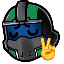 An armored soldier wearing a helmet with a blue visor makes a peace sign gesture.