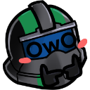 A tactical helmet with a blue visor displaying the text owo, featuring pink blushing cheeks and hands performing a shy fin...