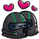 Two figures wearing dark helmets with red stripes hugging each other with pink hearts floating above them.