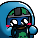 A character in a blue hood and tactical helmet holding a black coffee mug with a green skull icon while blushing.