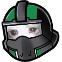 A cat with sad, watery eyes visible through the visor of a green and black tactical helmet.