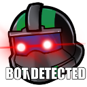 A tactical helmet with glowing red eyes and the text BOT DETECTED underneath.