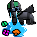 An armored character with a green visor crying a large blue puddle of tears.