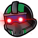 A tactical helmet with glowing red eyes staring intensely.