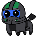 A small, quadrupedal creature wearing a black and red tactical helmet with a large blue visor and wide, happy eyes.