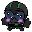 A cartoon soldier wearing a tactical helmet and visor has heart-shaped eyes and bright pink blushing cheeks.