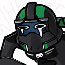 A character in a green and black tactical helmet with a blue visor is crying tears of laughter.