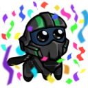 A small character wearing a tactical helmet and visor stands amidst a burst of colorful confetti.