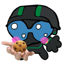 A masked character with blue goggles and pink cheeks holds out a single chocolate chip cookie.