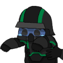 A chibi soldier in black and green tactical gear being held in a gentle hug.