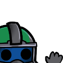 A character wearing a green and blue helmet peeks from the left side of the frame and waves with a gray hand.