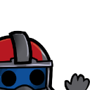 A character wearing a red and grey helmet peeks from the left side of the frame and waves with a grey hand.