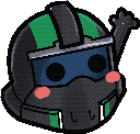 A tactical soldier helmet with a blue visor and green stripes waves its hand while blushing.