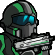 A soldier in green and black armor fires a weapon with a yellow muzzle flash.