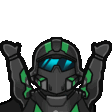 Soldier in dark armor with green accents throwing arms up in celebration while red confetti falls.