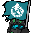 Soldier in tactical gear waving a tattered teal flag with a global emblem.