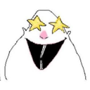 A white cartoon character with star-shaped eyes and a wide, gaping mouth expressing intense excitement.