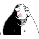 A stylized character face with a split black and white design and a wide, jagged, toothy grin.