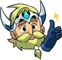 A bearded warrior with a horned helmet and blue gemstone gives a thumbs up gesture.