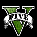 The Grand Theft Auto V logo featuring a white banner with the word FIVE across a large green letter V on a black background.