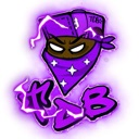 A stylized character wearing a purple bandana with glowing white eyes and purple lightning effects.