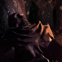 Skeleton with a decaying face wearing a dark hooded cloak in a shadowy environment.