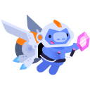 A blue creature with a white helmet flies using a jetpack while holding a glowing pink crystal.