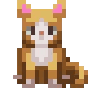 A small pixelated creature wearing a yellow hood with pink ears looking forward.