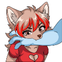 A cute anime wolf girl with red-streaked hair playfully biting a blue hand.